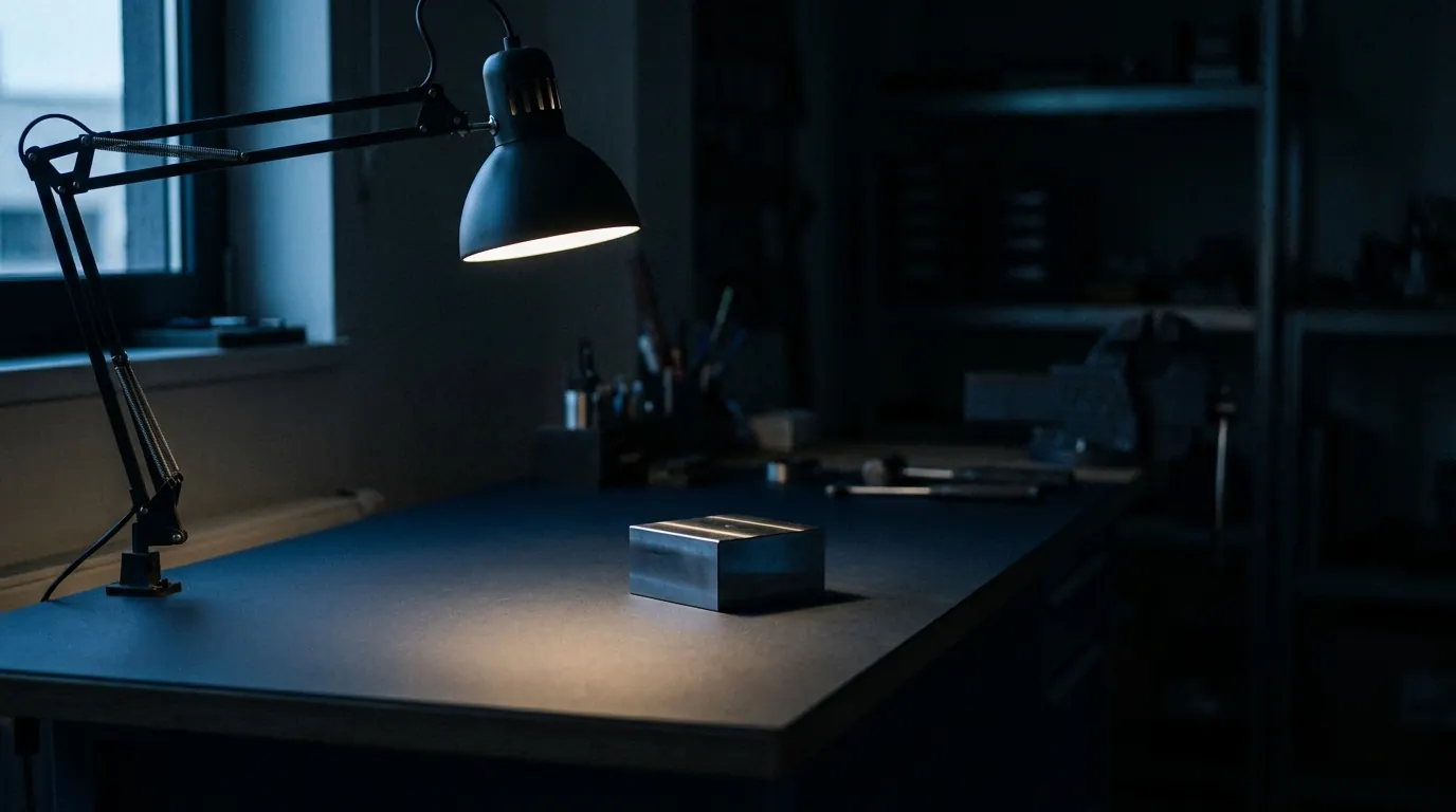 Dunkle Werkbank bei Nacht, eine Lampe wirft hartes Licht auf einen gefraesten Metallblock
