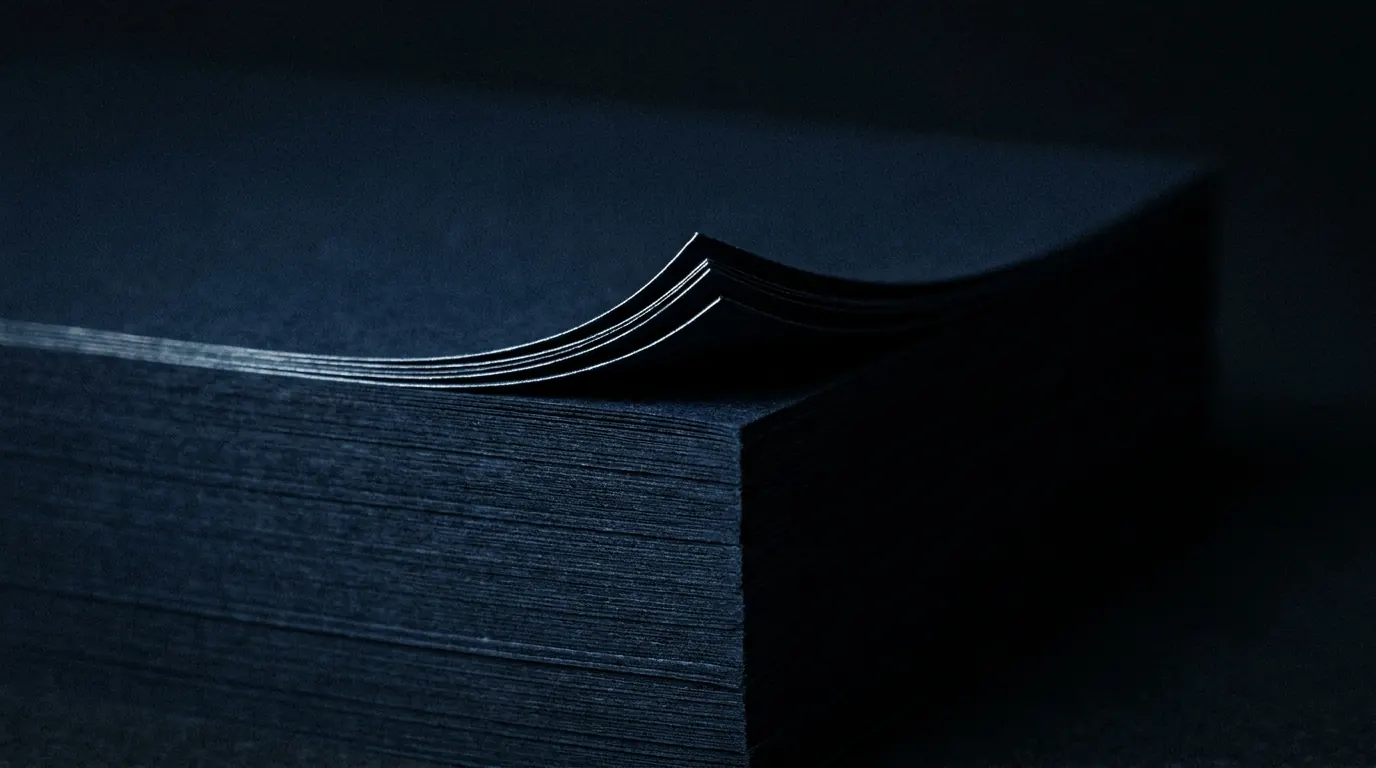 Gestapelte matte Papierkanten, eine dünne Lichtlinie auf den Schnitten